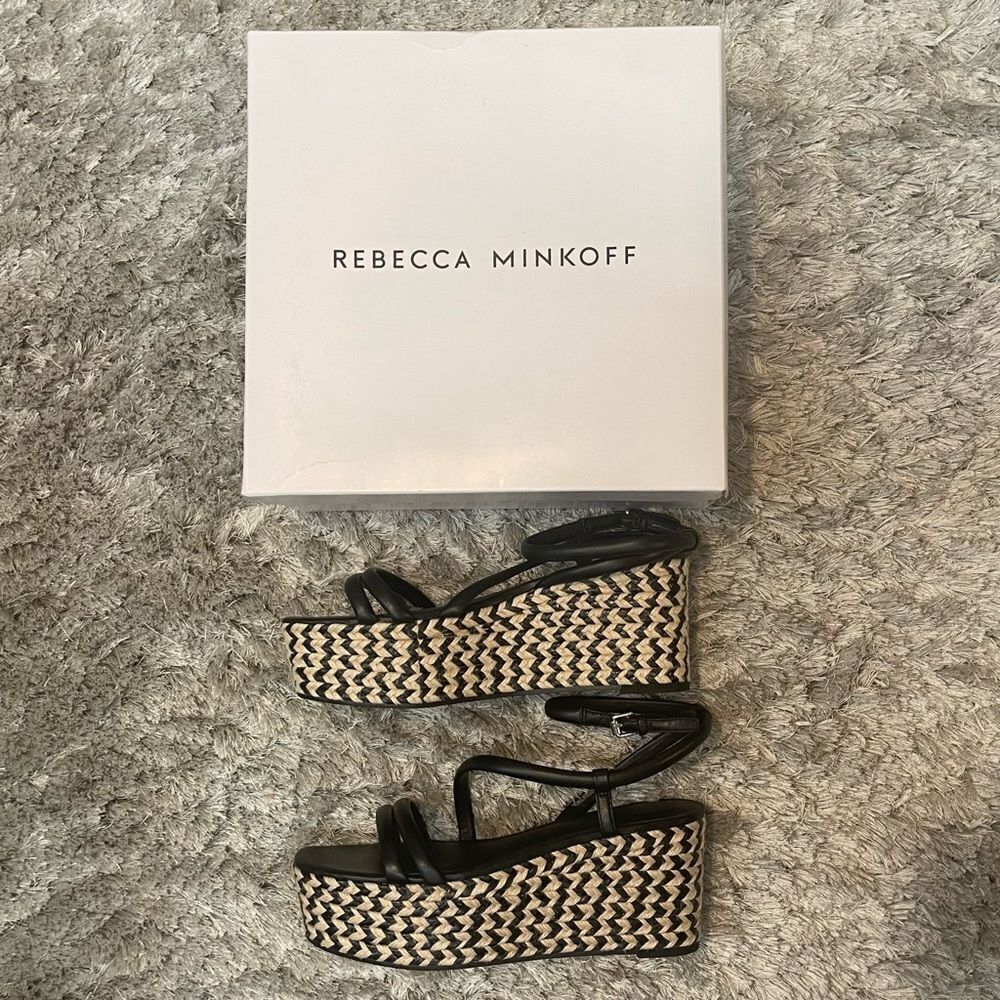 NEW Rebecca Minkoff Josefia Espadrille Platform Sandals Black Leather Jute SZ 9